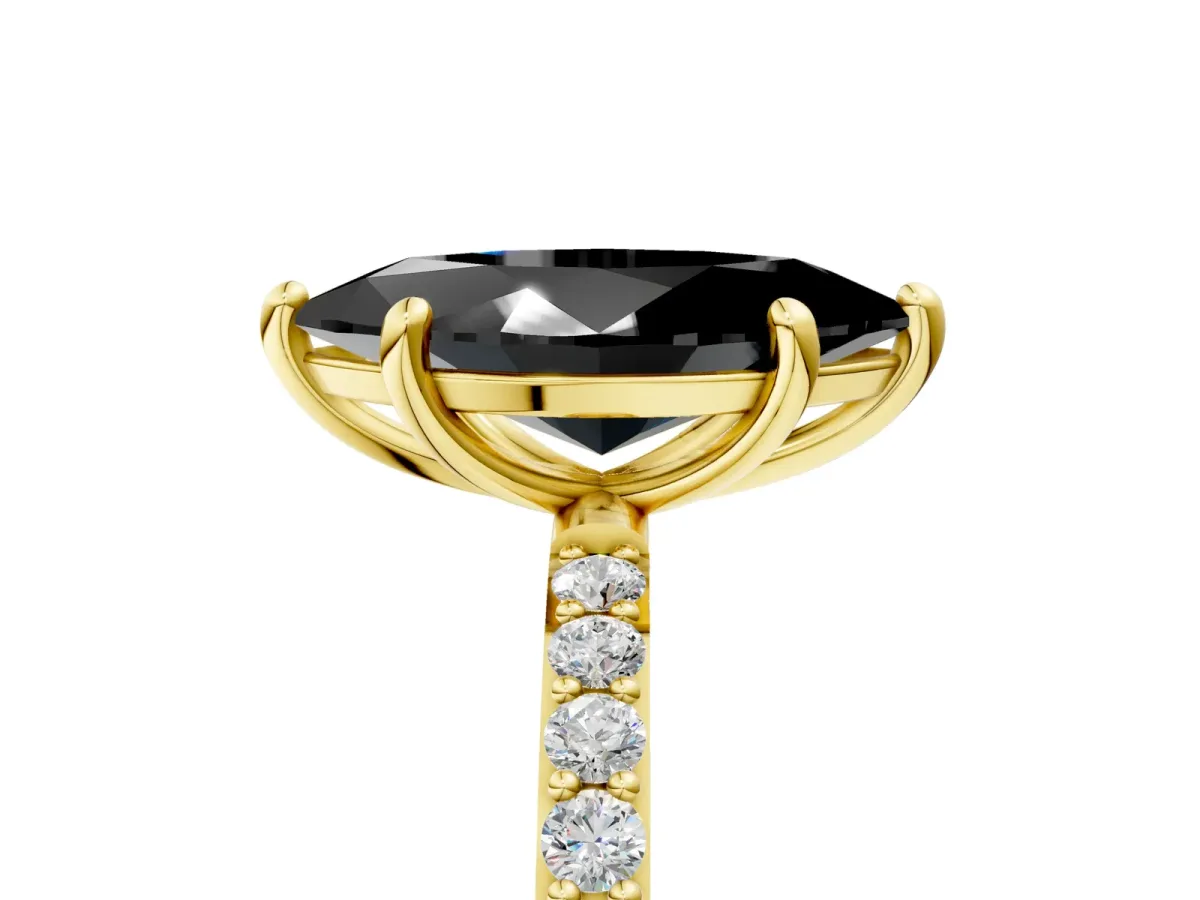 Fancy Black Marquise Cut Diamond Solitaire Ring with Round Pavé Band and Prong Setting Yellow gold