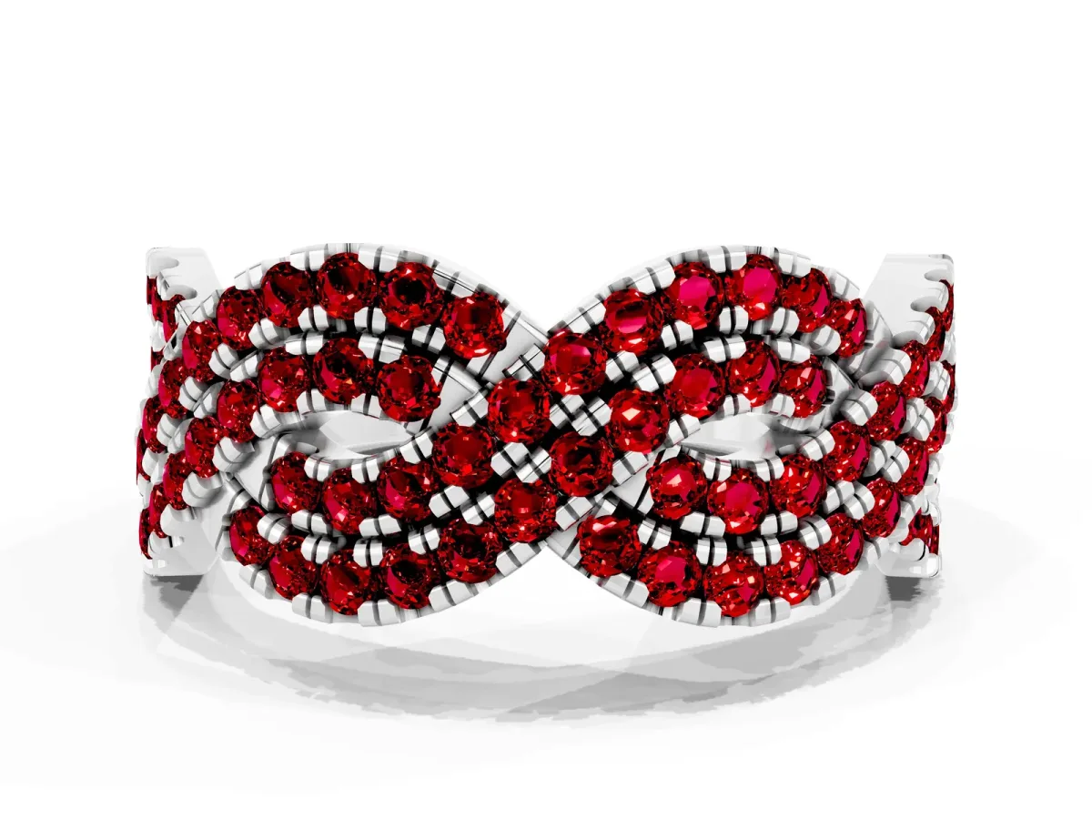 Pavé Round Ruby Infinity Twist Band with Shared Prong Setting Silver