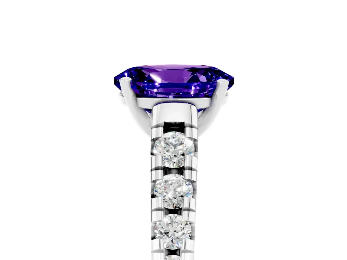 Oval Cut Tanzanite Cathedral Solitaire Ring with Round Pavé Band White gold