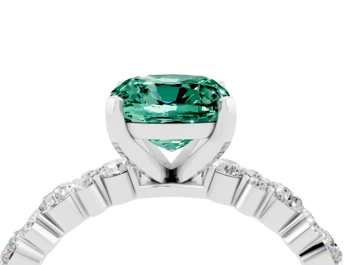 Cushion Cut Green Sapphire Side Stone Solitaire Ring with Round and Four-Prong Setting Platinum