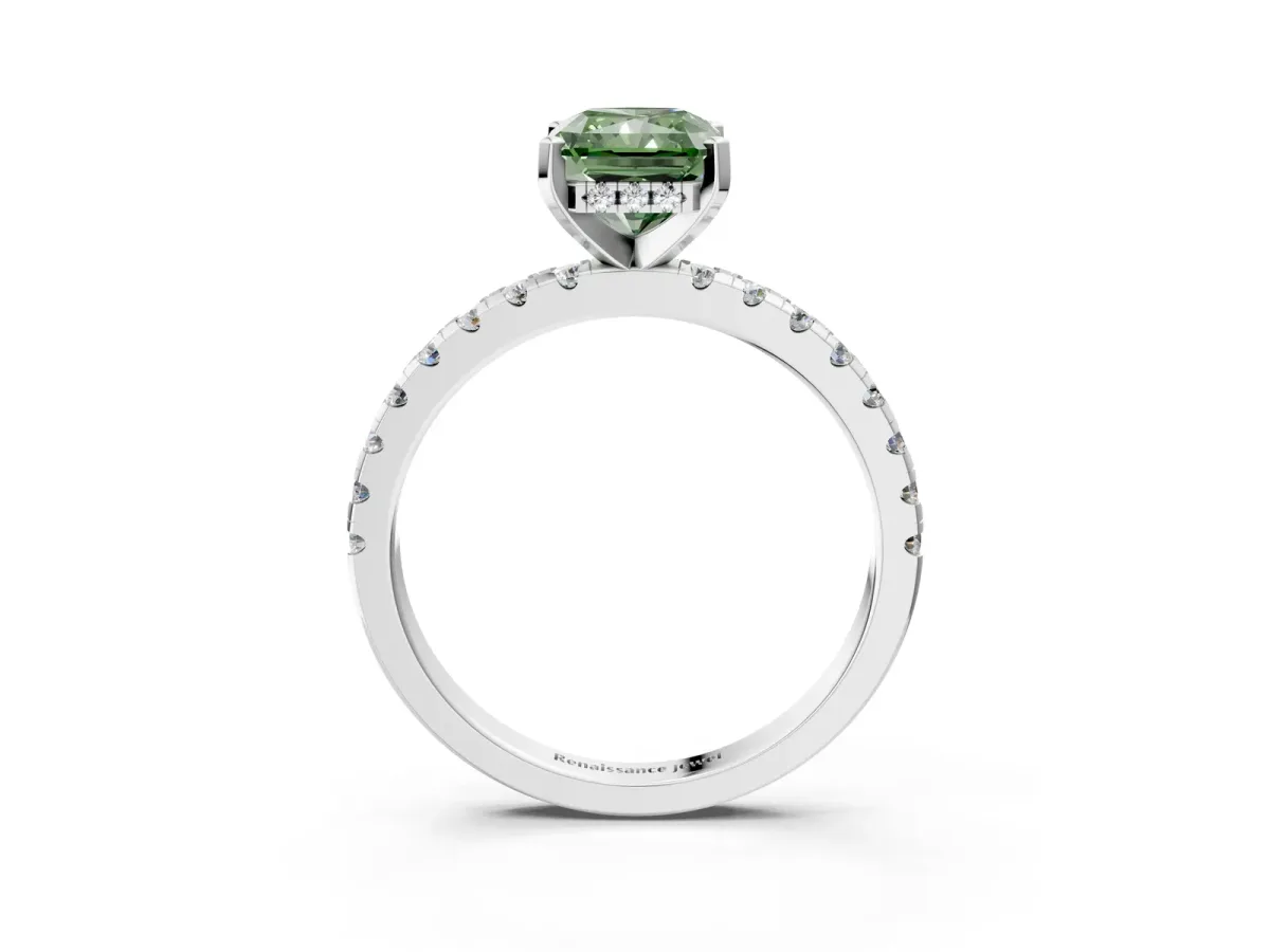 Fancy Green Radiant Cut Diamond Solitaire Ring with Round Pavé Band and Four-Prong Setting Silver