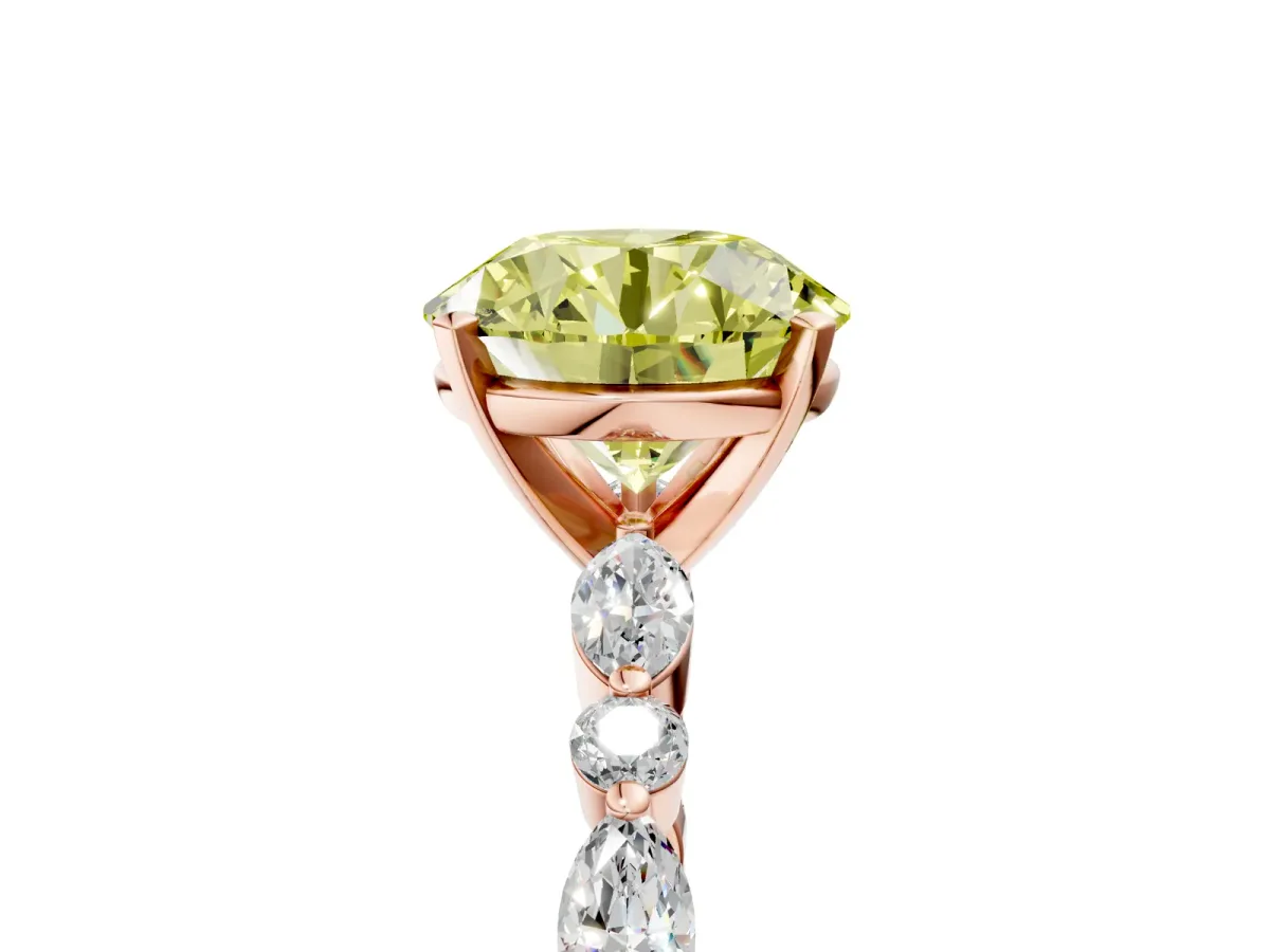 Fancy Yellow Round Cut Diamond Ring with Marquise and Round Side Stones and Four-Prong Setting Rose gold