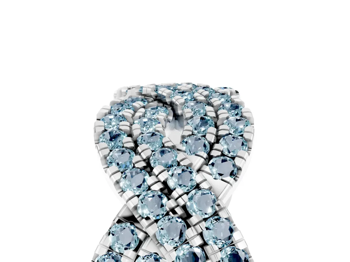 Pavé Round Aquamarine Infinity Twist Band with Shared Prong Setting Silver