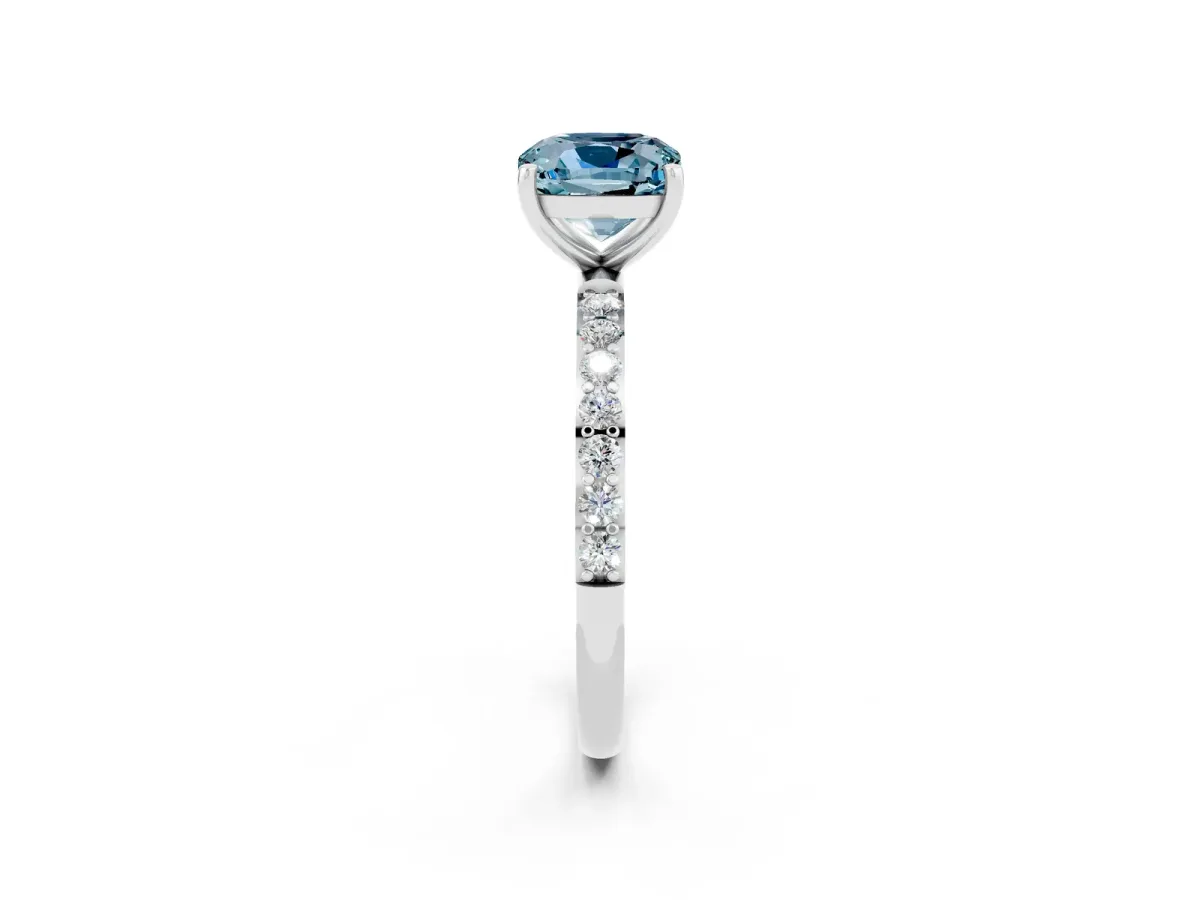 Cushion Cut Aquamarine Solitaire Ring with Round Pavé Band and Prong Setting Silver