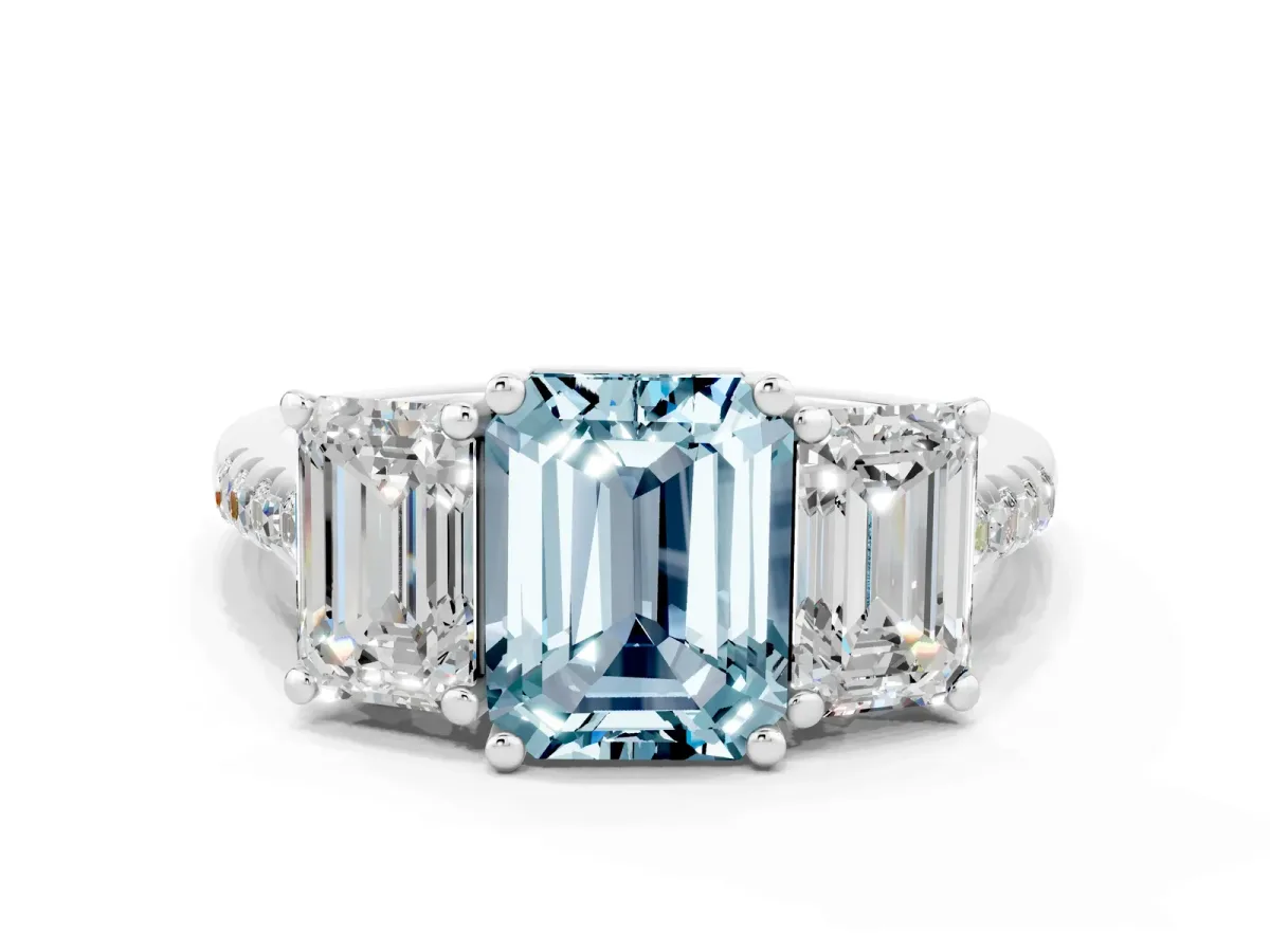 Three-Stone Emerald Cut Aquamarine Ring with Round Pavé Band and Prong Setting White gold