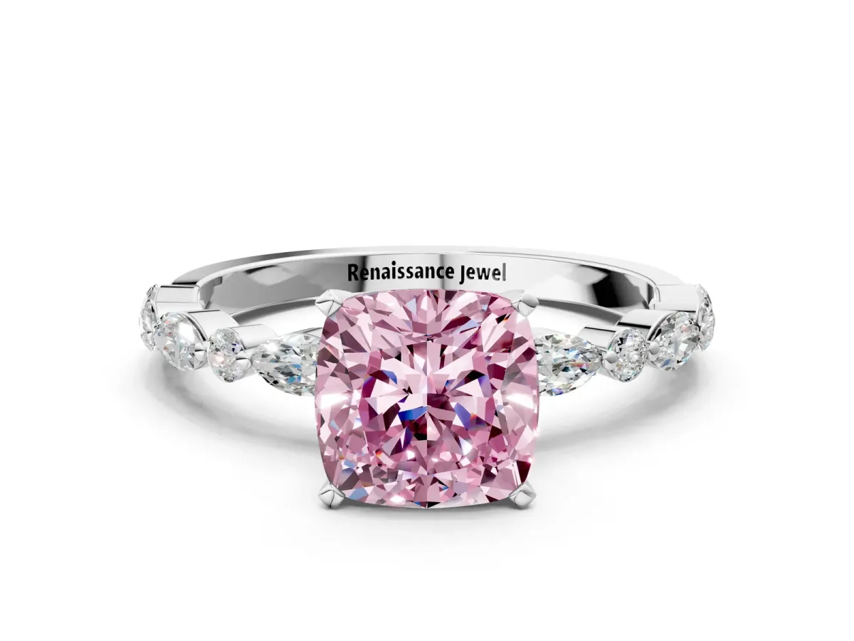Fancy Pink Cushion Cut Diamond Ring with Marquise and Round Side Stones and Four-Prong Setting Silver