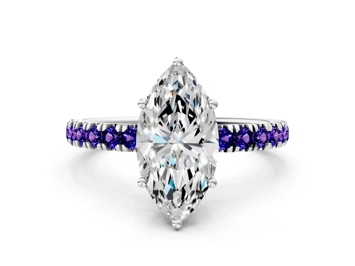 Marquise Cut Diamond Pave Band Solitaire Ring with Round Tanzanite and Prong Setting Platinum