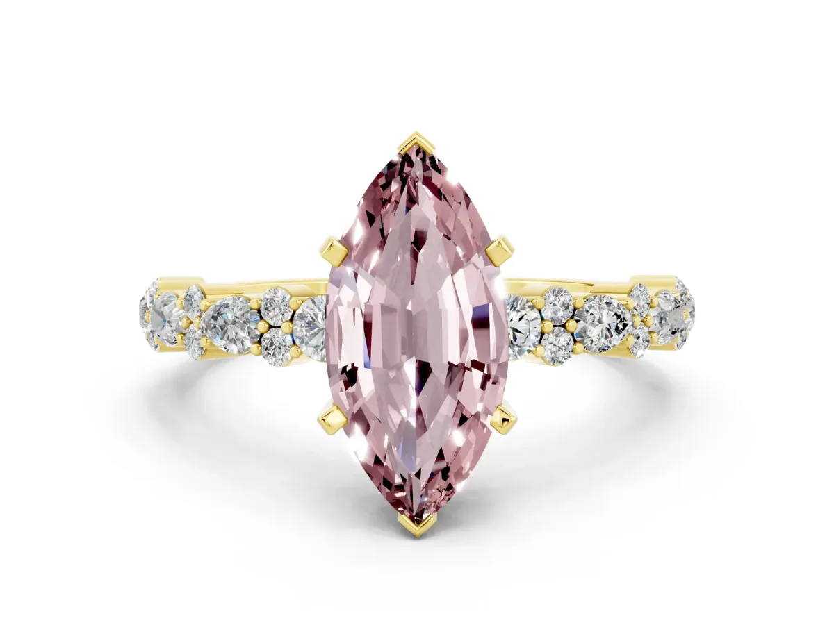 Marquise Cut Morganite Side Stone Solitaire Ring with Round and Four-Prong Setting Yellow gold
