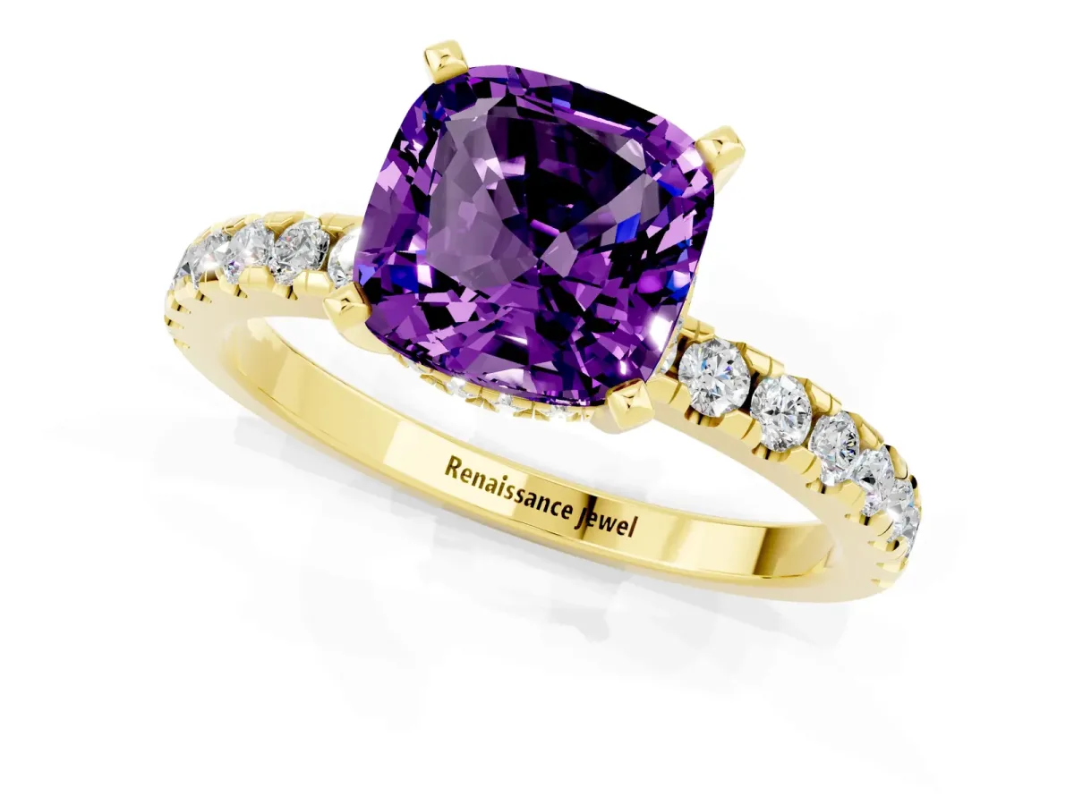 Cushion Cut Amethyst Solitaire Ring with Round Pavé Band and Four-Prong Setting Yellow gold