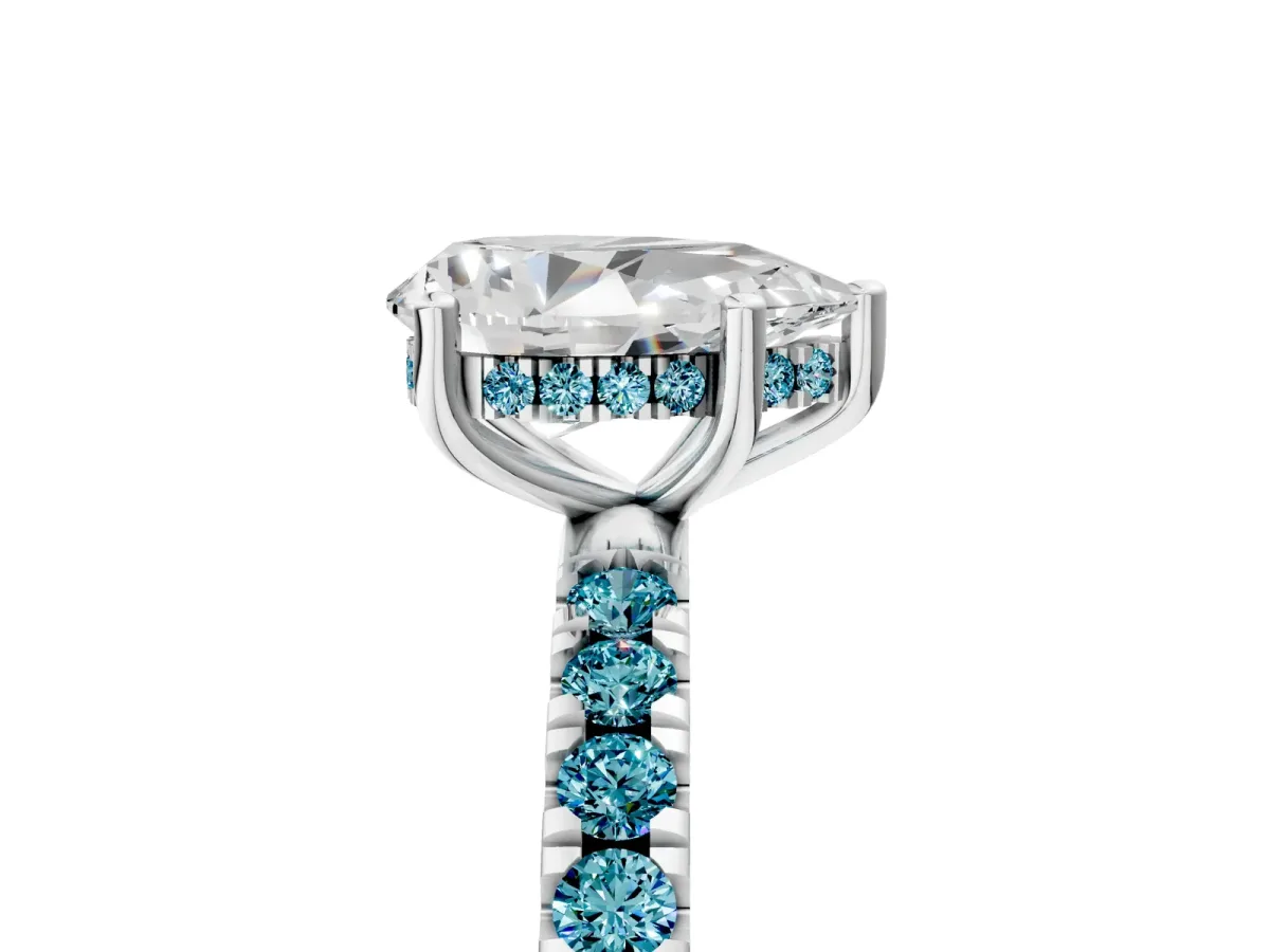 Pear Cut Diamond Pave Band Solitaire Ring with Round Blue Topaz and Prong Setting Platinum