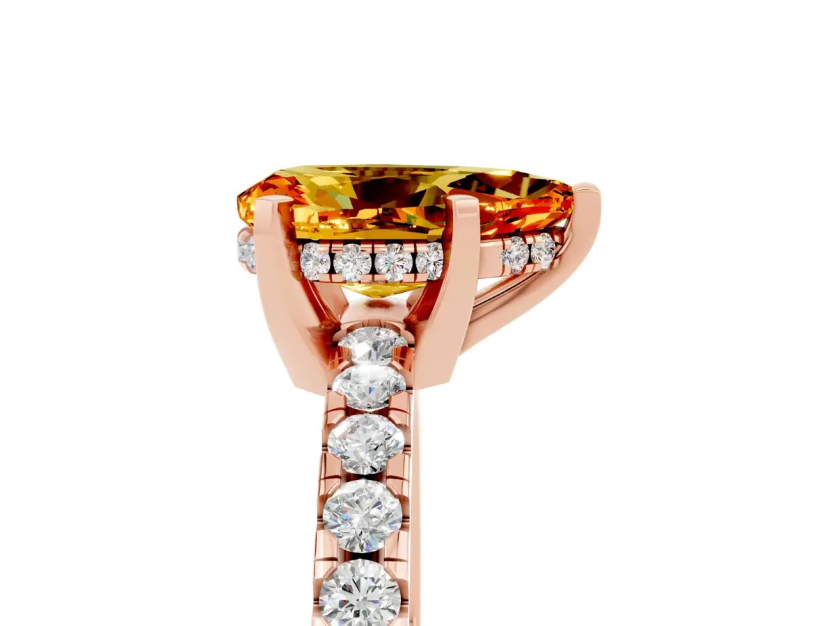 Pear Cut Citrine Solitaire Ring with Round Pavé Band and Four-Prong Setting Rose gold