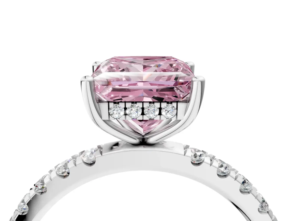 Fancy Pink Princess Cut Diamond Pave Band Solitaire Ring with Round and Prong Setting Platinum