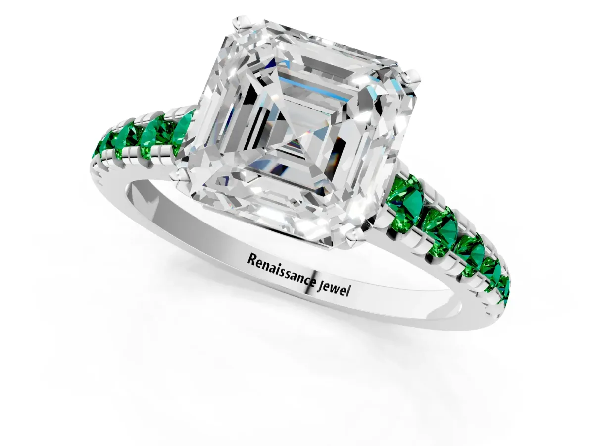 Asscher Cut Diamond Cathedral Solitaire Ring with Round Emerald Pavé Band White gold