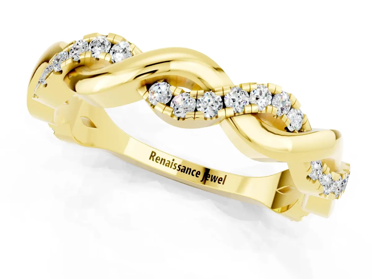 Pavé Round Moissanite Twist Eternity Band with Shared Prong Setting Yellow gold