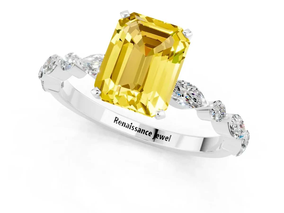 Emerald Cut Yellow Sapphire Ring with Marquise and Round Side Stones and Four-Prong Setting Platinum