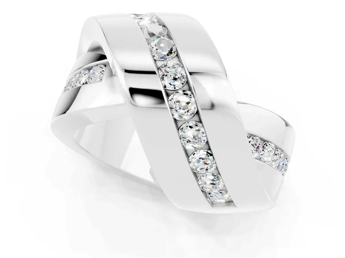 Pavé Round Moissanite Crossover Band with Channel Setting Silver