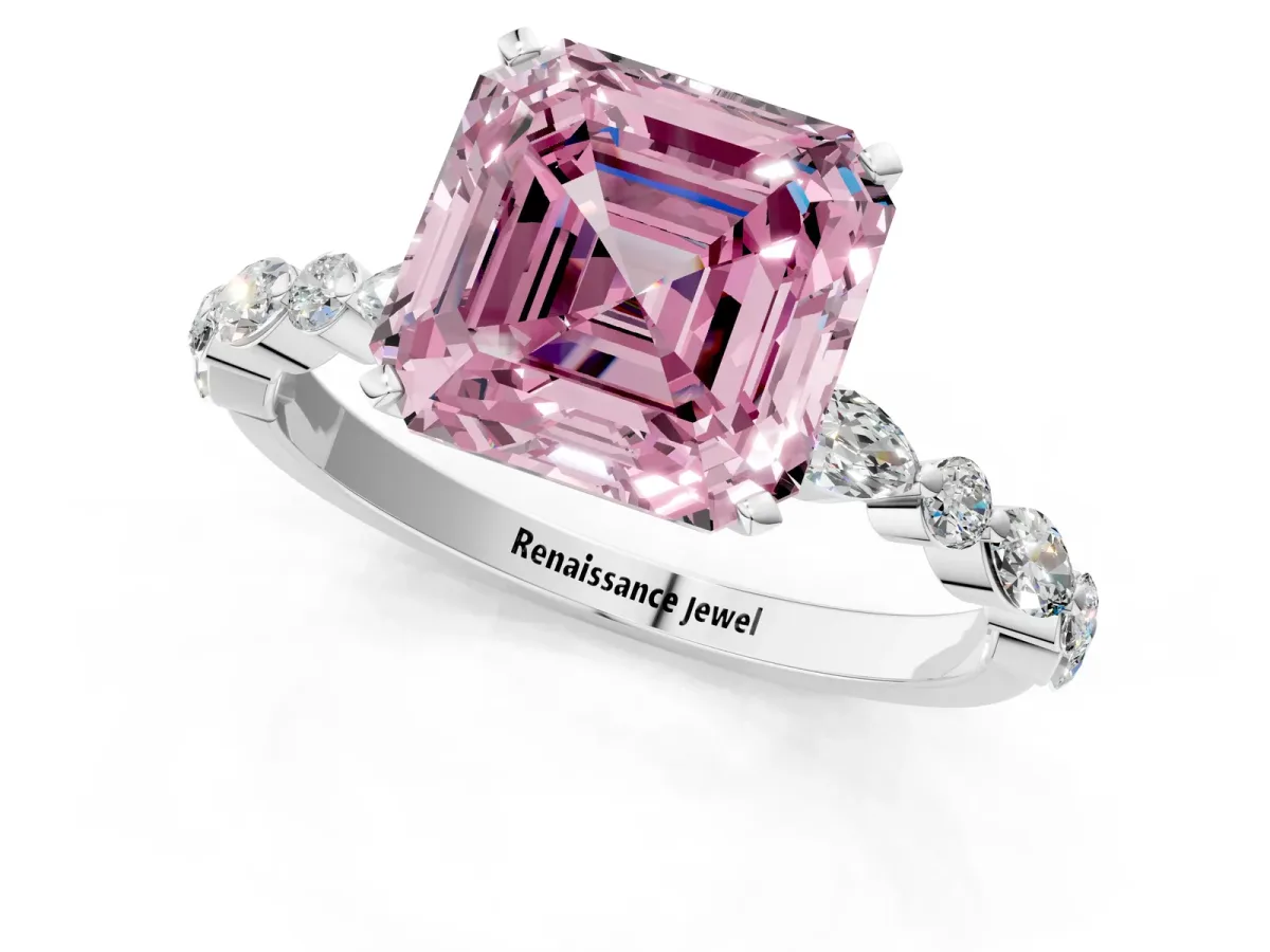 Fancy Pink Asscher Cut Diamond Ring with Marquise and Round Side Stones and Four-Prong Setting Platinum
