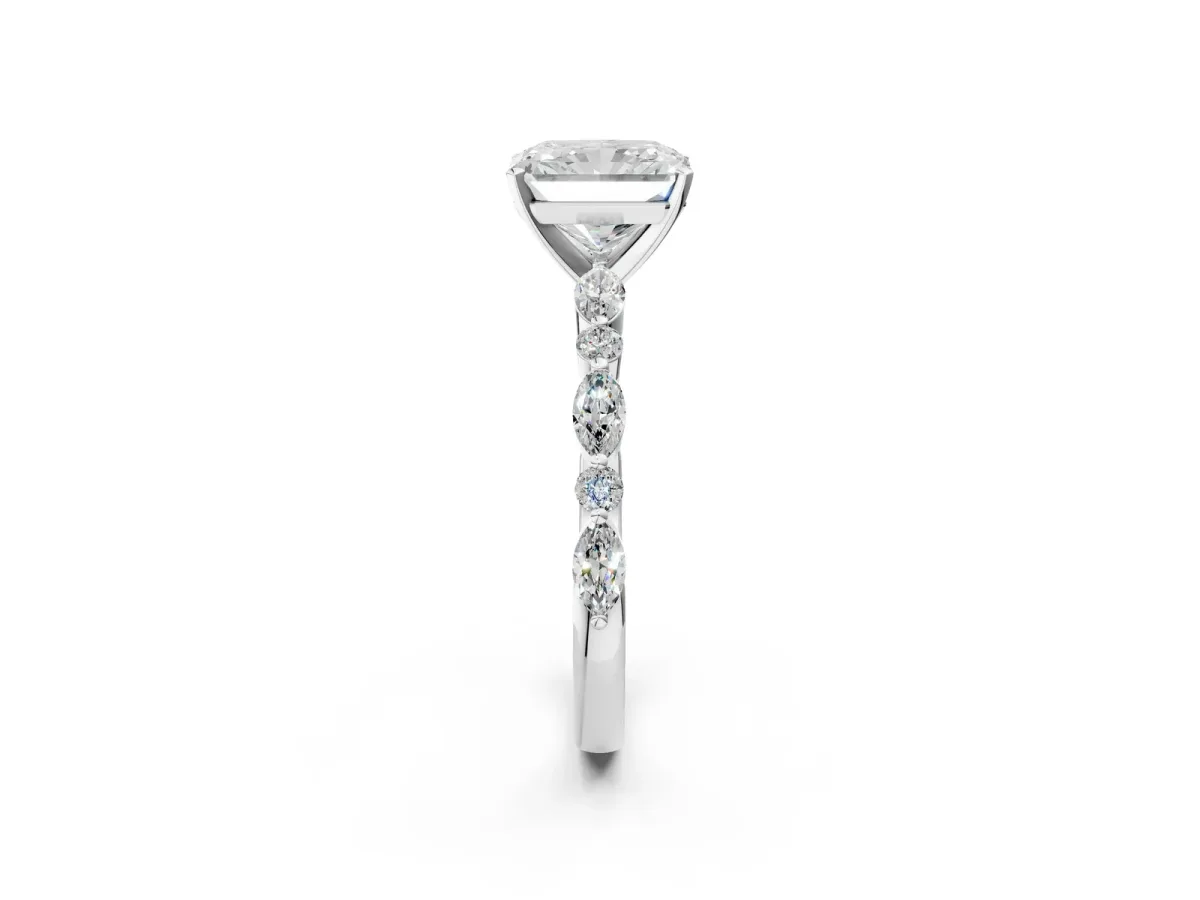 Radiant Cut Diamond Ring with Marquise and Round Side Stones and Four-Prong Setting Platinum