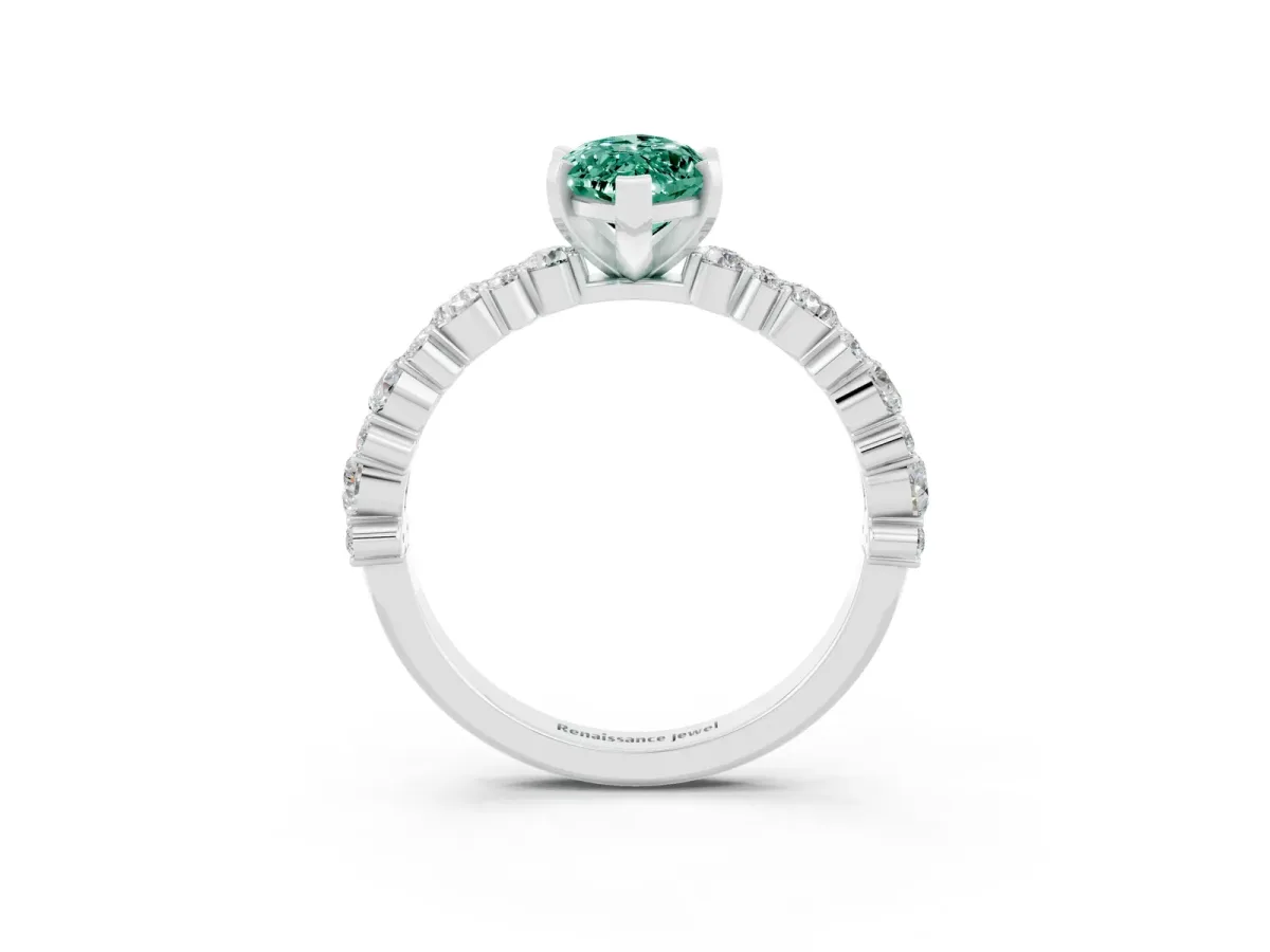 Marquise Cut Green Sapphire Side Stone Solitaire Ring with Round and Four-Prong Setting Platinum