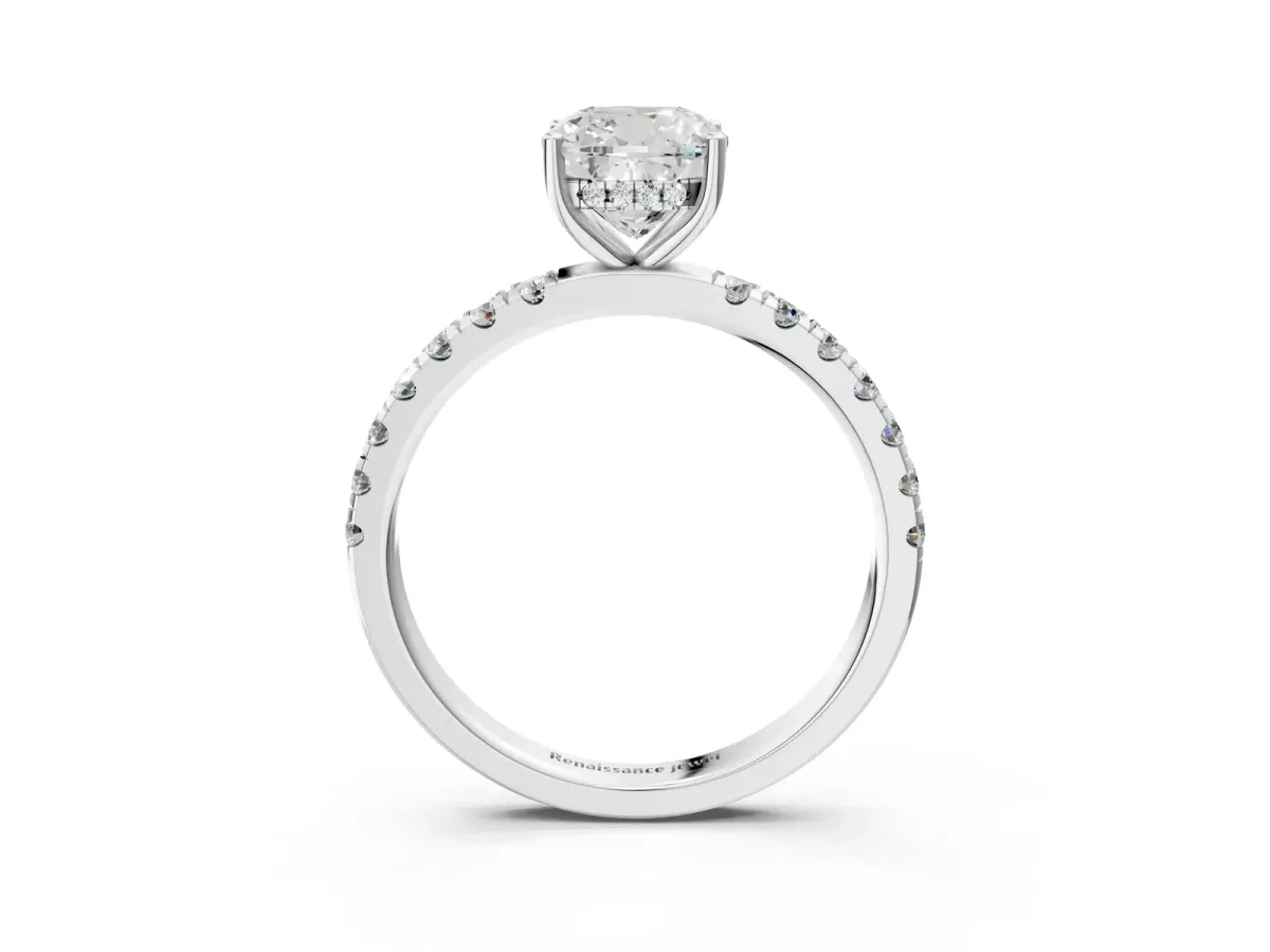 Cushion Cut Diamond Pave Band Solitaire Ring with Round and Prong Setting White gold