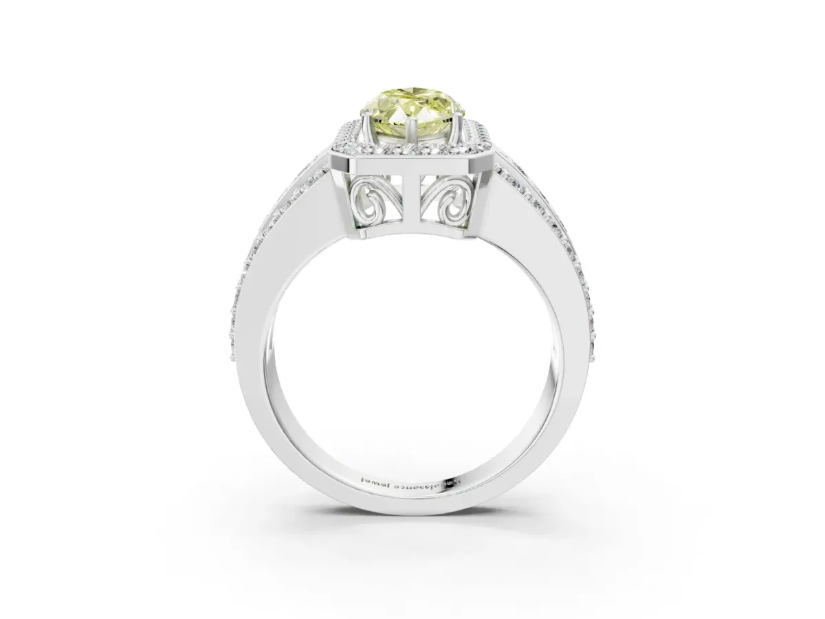 Fancy Yellow Marquise Cut Halo Diamond Ring with Round Split Shank and Prong Setting White gold