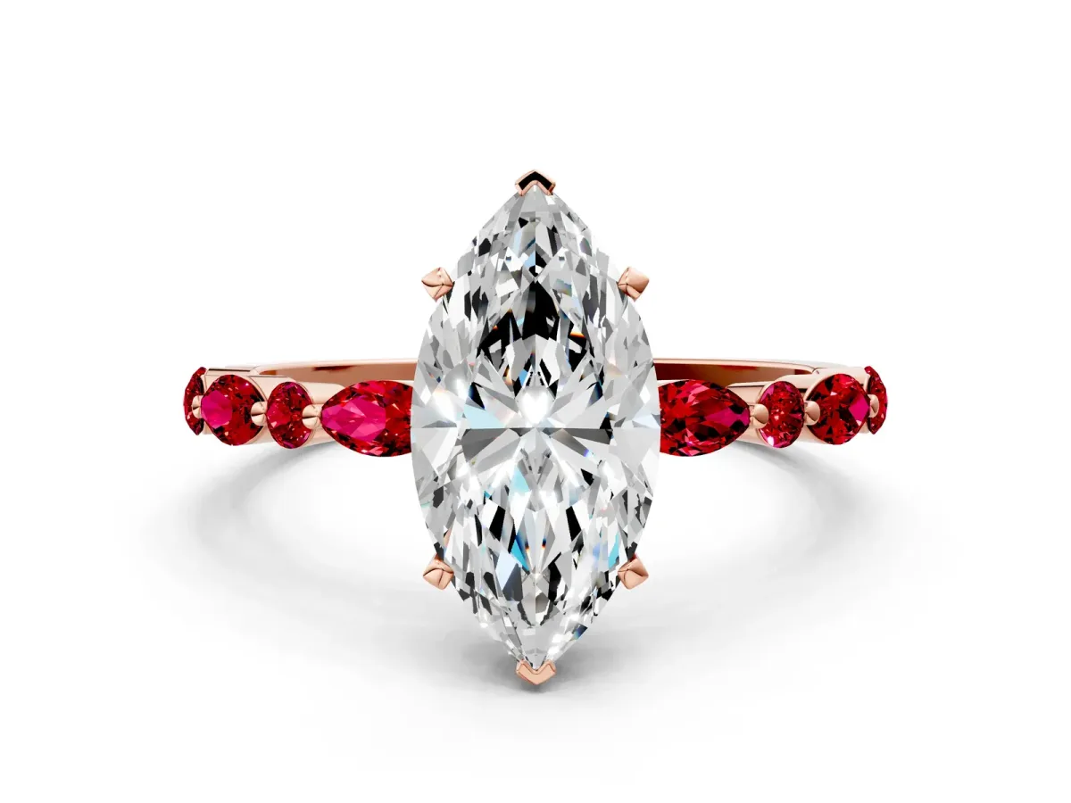 Marquise Cut Diamond Ring with Marquise and Round Ruby Side Stones and Four-Prong Setting Rose gold