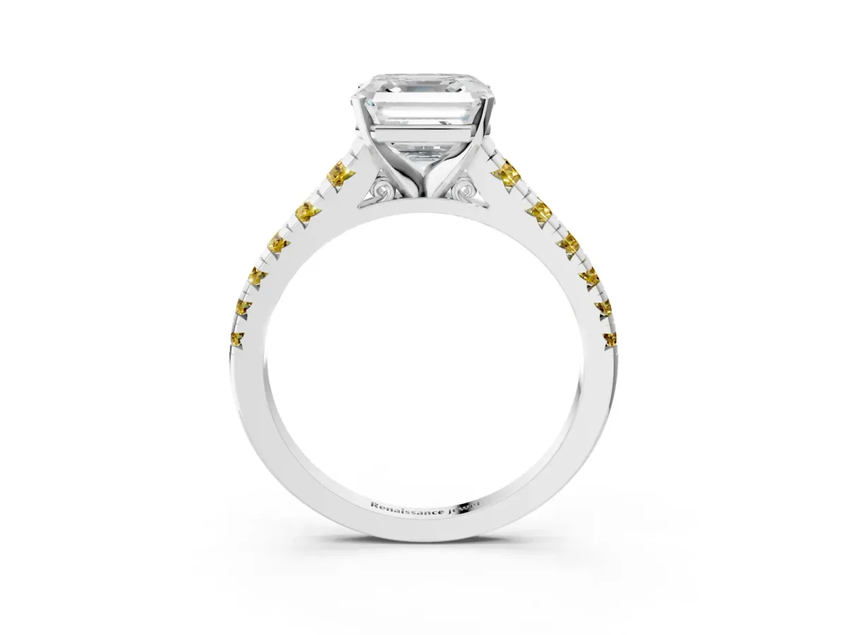 Asscher Cut Diamond Cathedral Solitaire Ring with Round Yellow Sapphire Pavé Band Silver