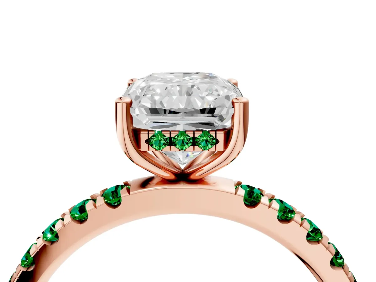 Radiant Cut Diamond Pave Band Solitaire Ring with Round Emerald and Prong Setting Rose gold