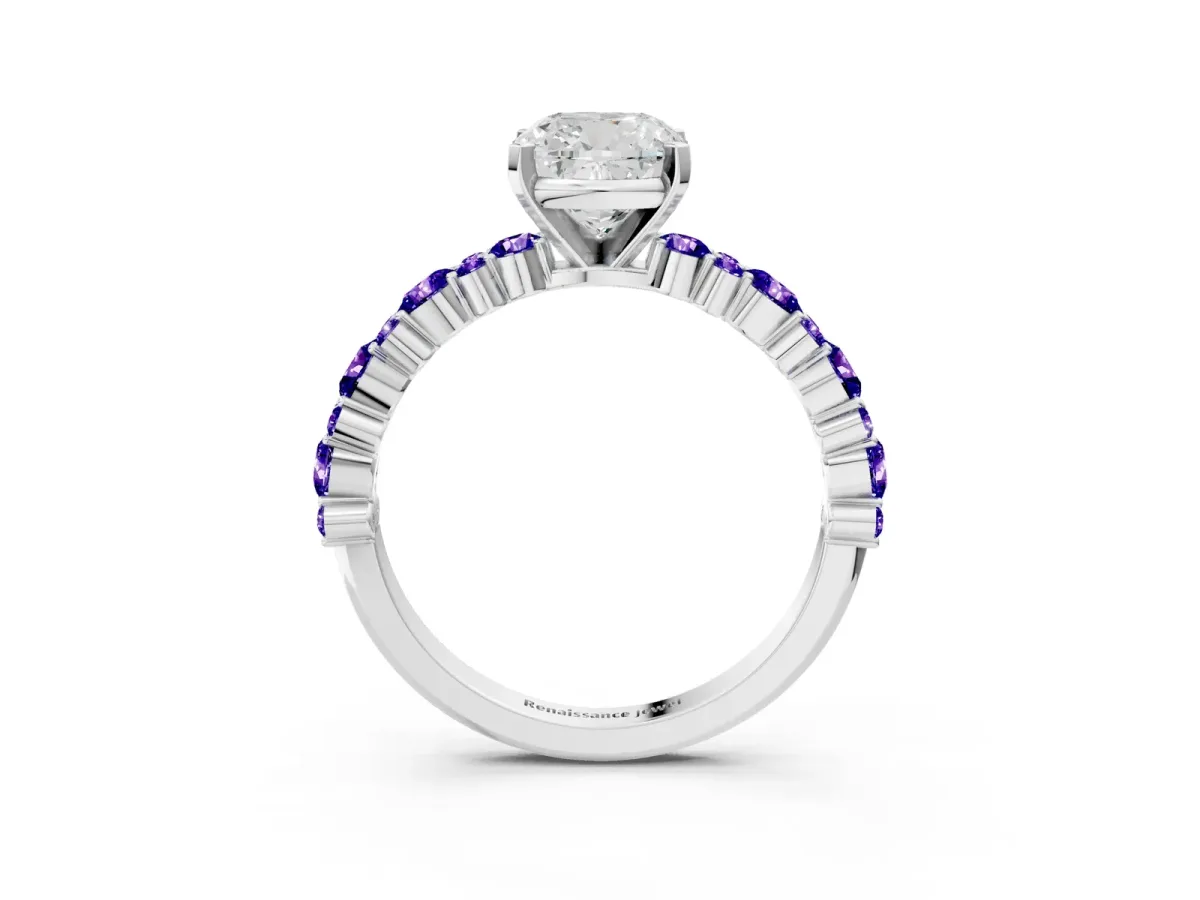 Cushion Cut Diamond Side Stone Solitaire Ring with Round Tanzanite and Four-Prong Setting Platinum