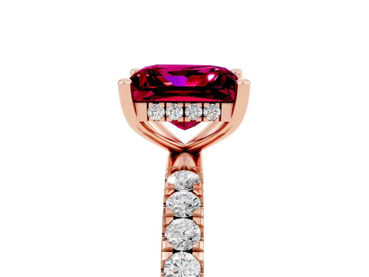 Princess Cut Garnet Pave Band Solitaire Ring with Round and Prong Setting Rose gold