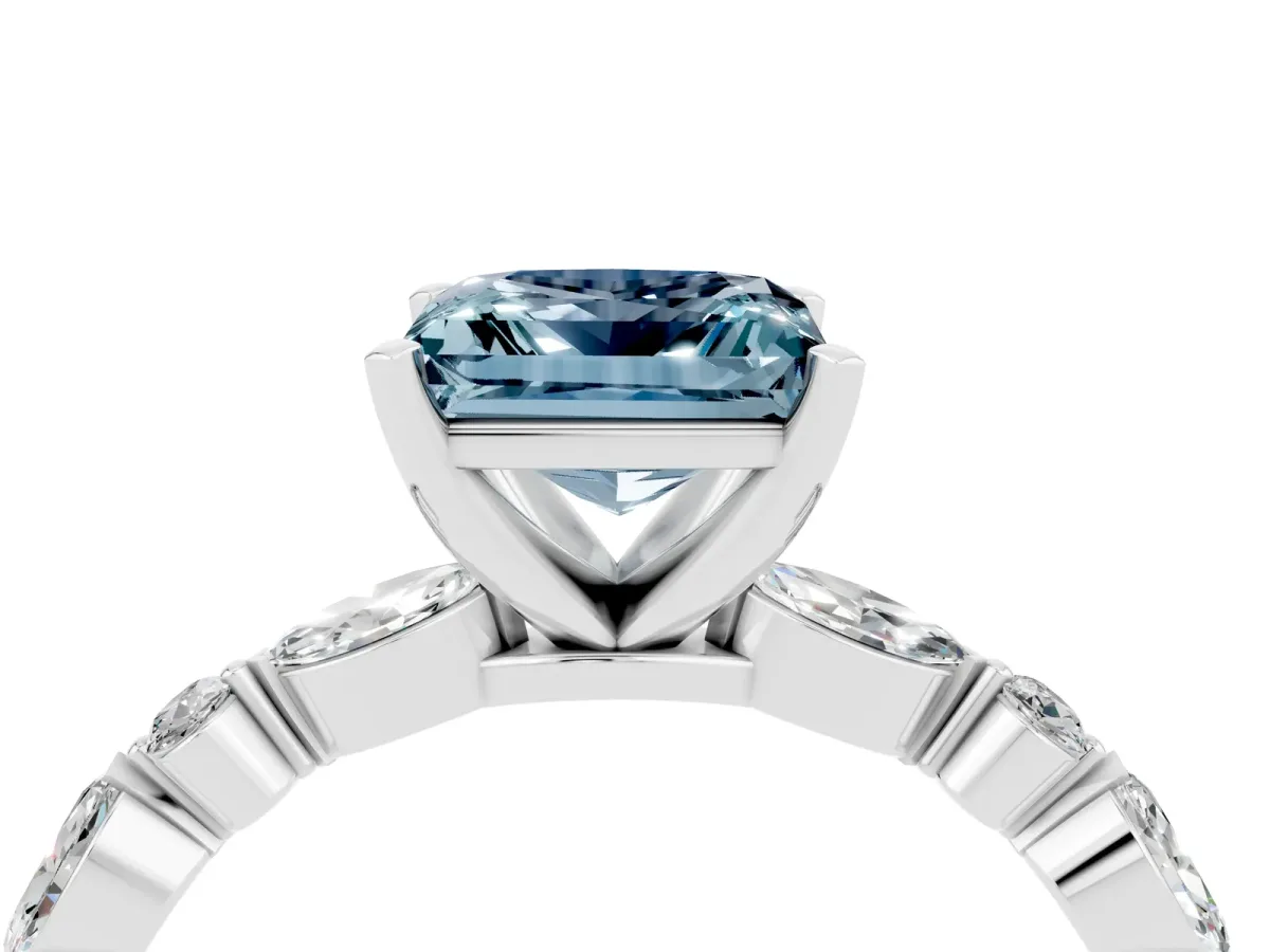 Princess Cut Aquamarine Ring with Marquise and Round Side Stones and Four-Prong Setting Silver