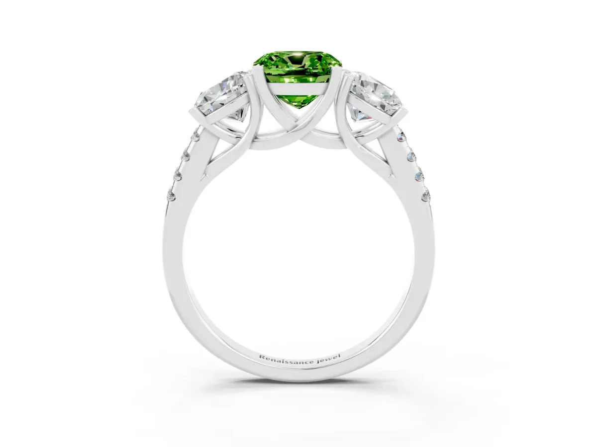 Three-Stone Cushion Cut Peridot Ring with Round Pavé Band and Prong Setting Platinum