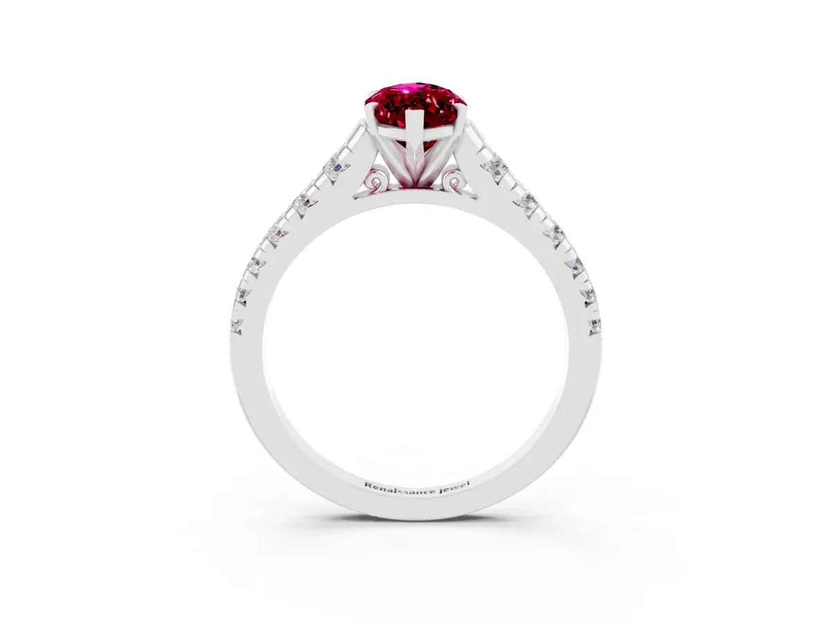 Marquise Cut Garnet Cathedral Solitaire Ring with Round Pavé Band White gold