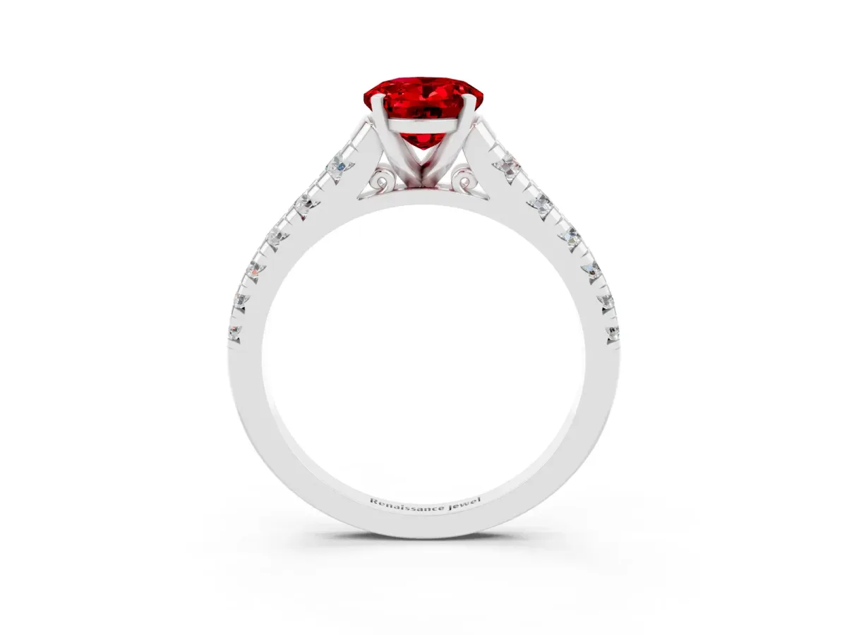 Oval Cut Ruby Cathedral Solitaire Ring with Round Pavé Band Platinum