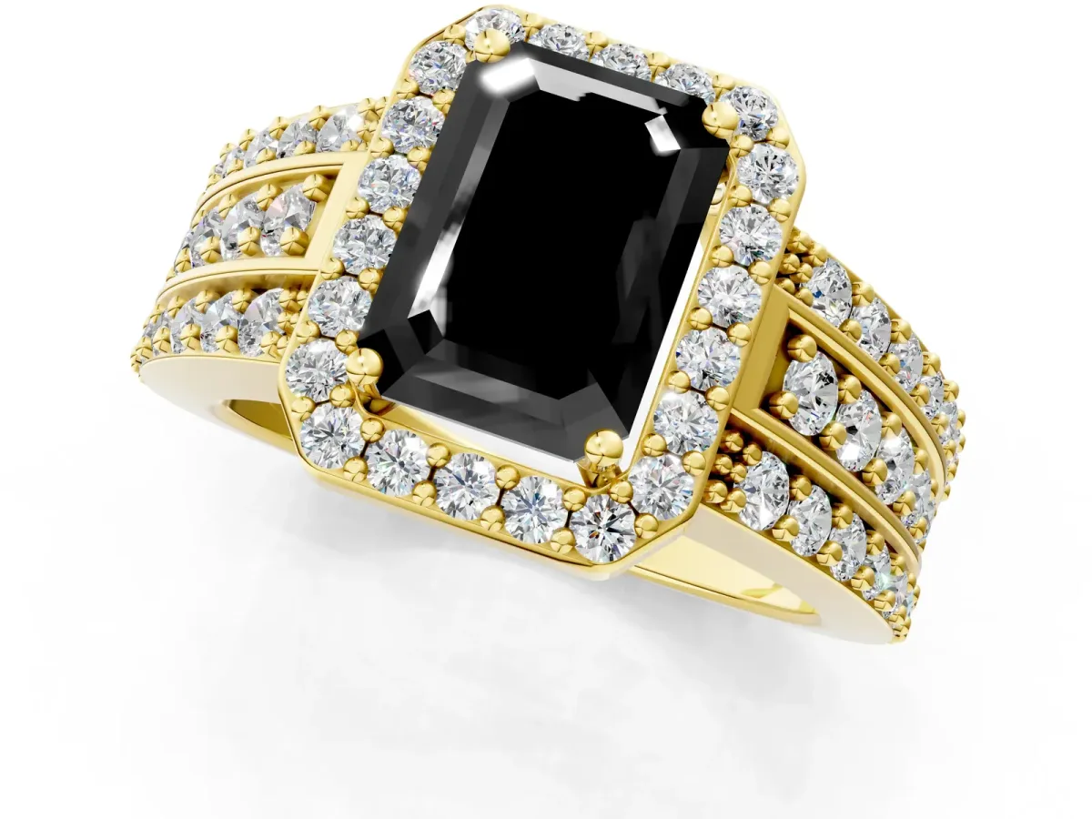Fancy Black Emerald Cut Halo Diamond Ring with Round Split Shank and Prong Setting Yellow gold