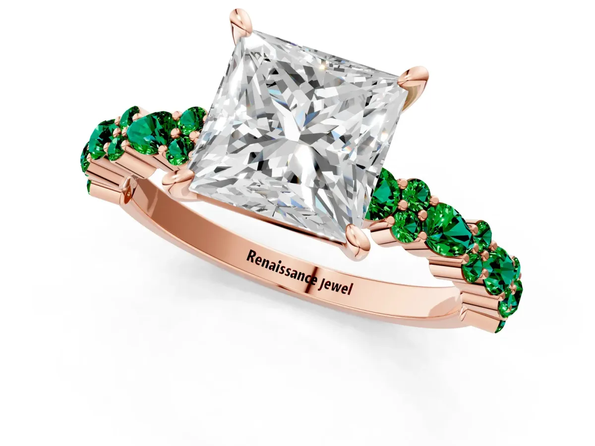 Princess Cut Diamond Side Stone Solitaire Ring with Round Emerald and Four-Prong Setting Rose gold