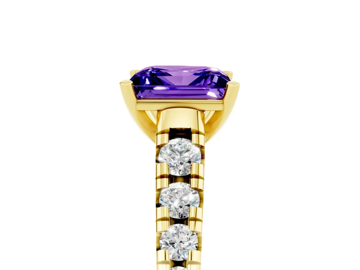 Princess Cut Tanzanite Cathedral Solitaire Ring with Round Pavé Band Yellow gold