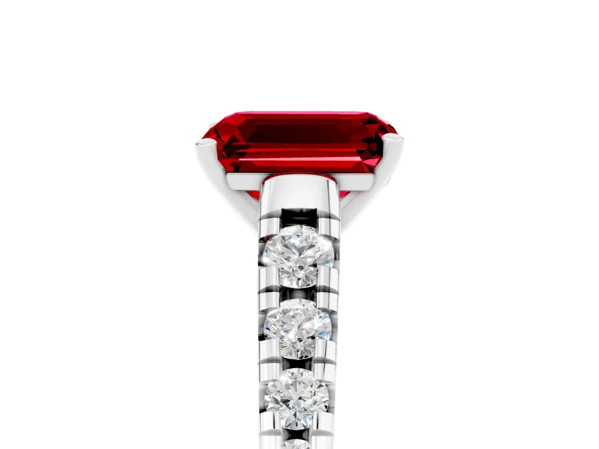 Emerald Cut Ruby Cathedral Solitaire Ring with Round Pavé Band Platinum
