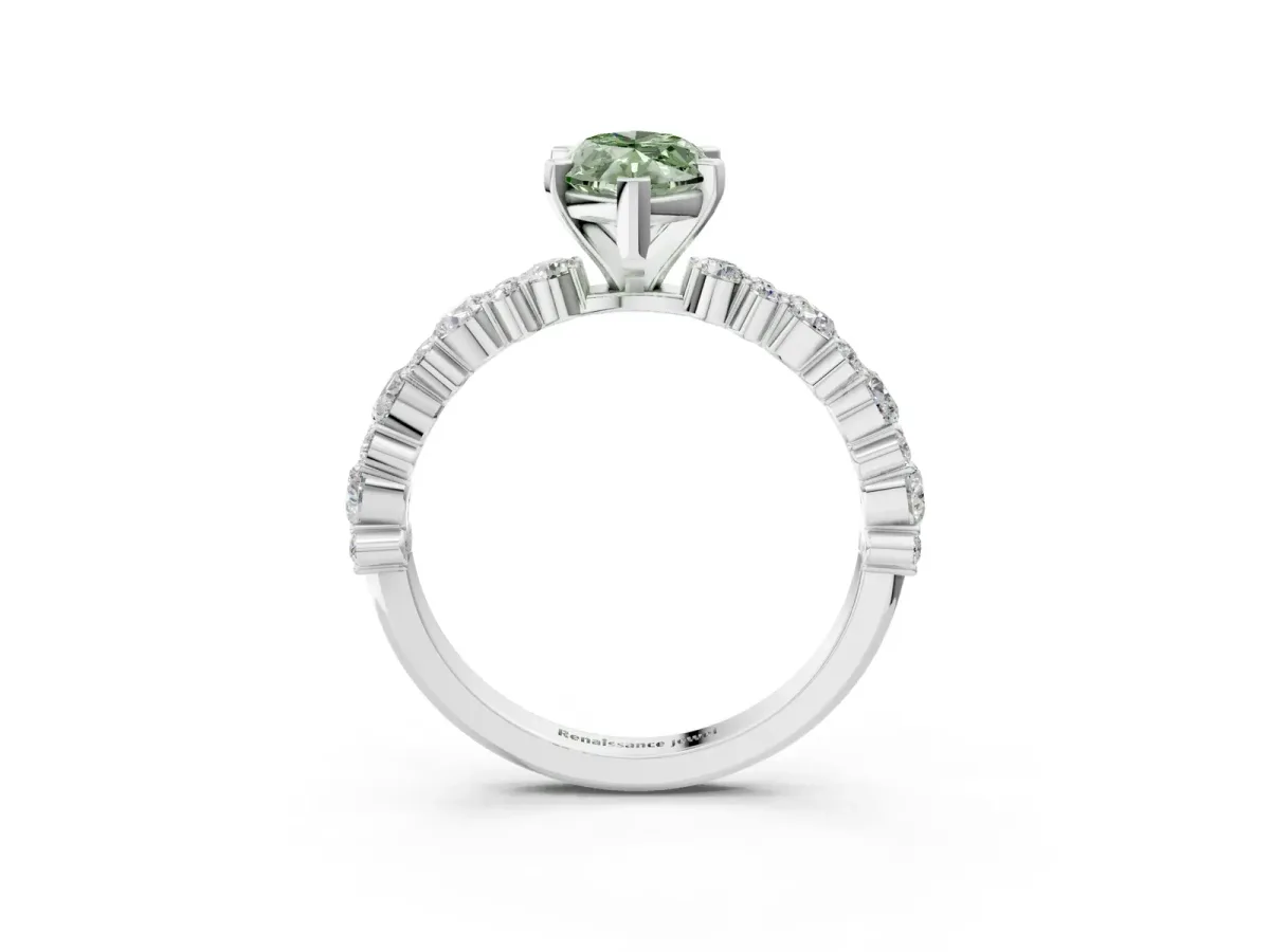 Fancy Green Marquise Cut Diamond Side Stone Solitaire Ring with Round and Four-Prong Setting White gold
