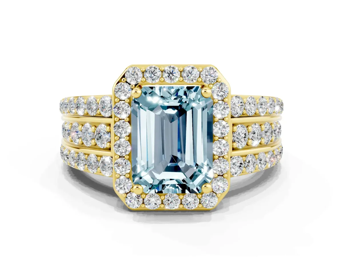 Emerald Cut Halo Aquamarine Ring with Round Split Shank and Prong Setting Yellow gold