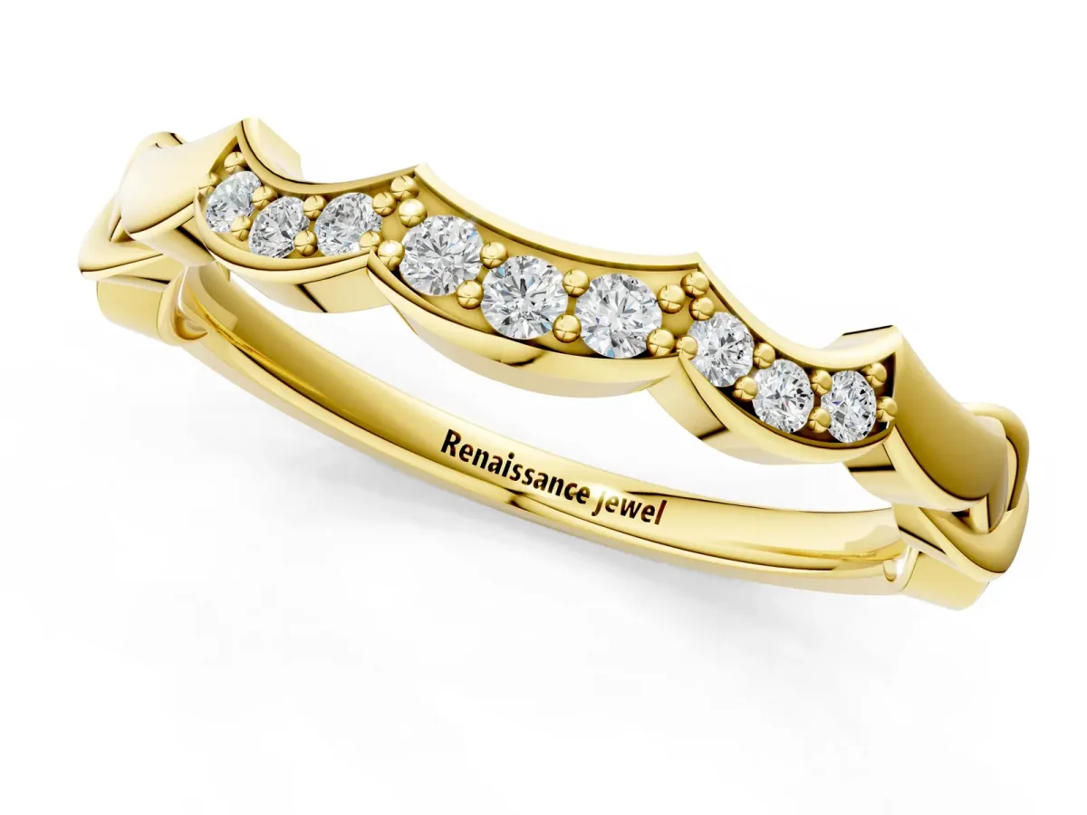Scalloped Diamond Curved Band with Round Brilliant Stones and Shared Prong Setting Yellow gold