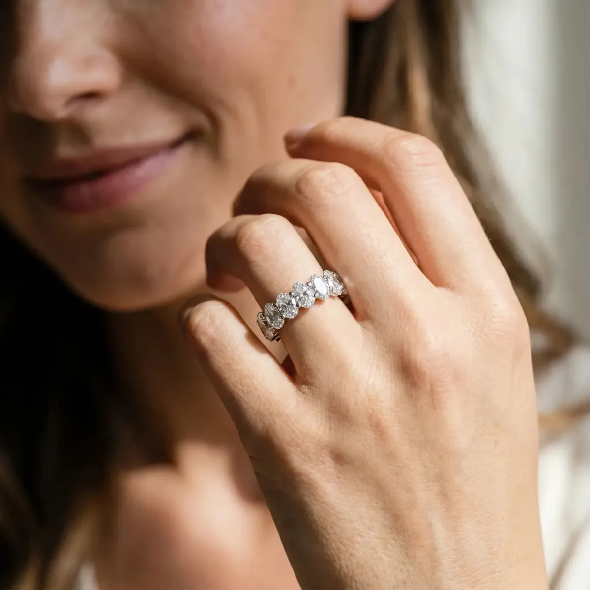 Oval Cut Diamond Eternity Band with Shared Prong Setting Platinum