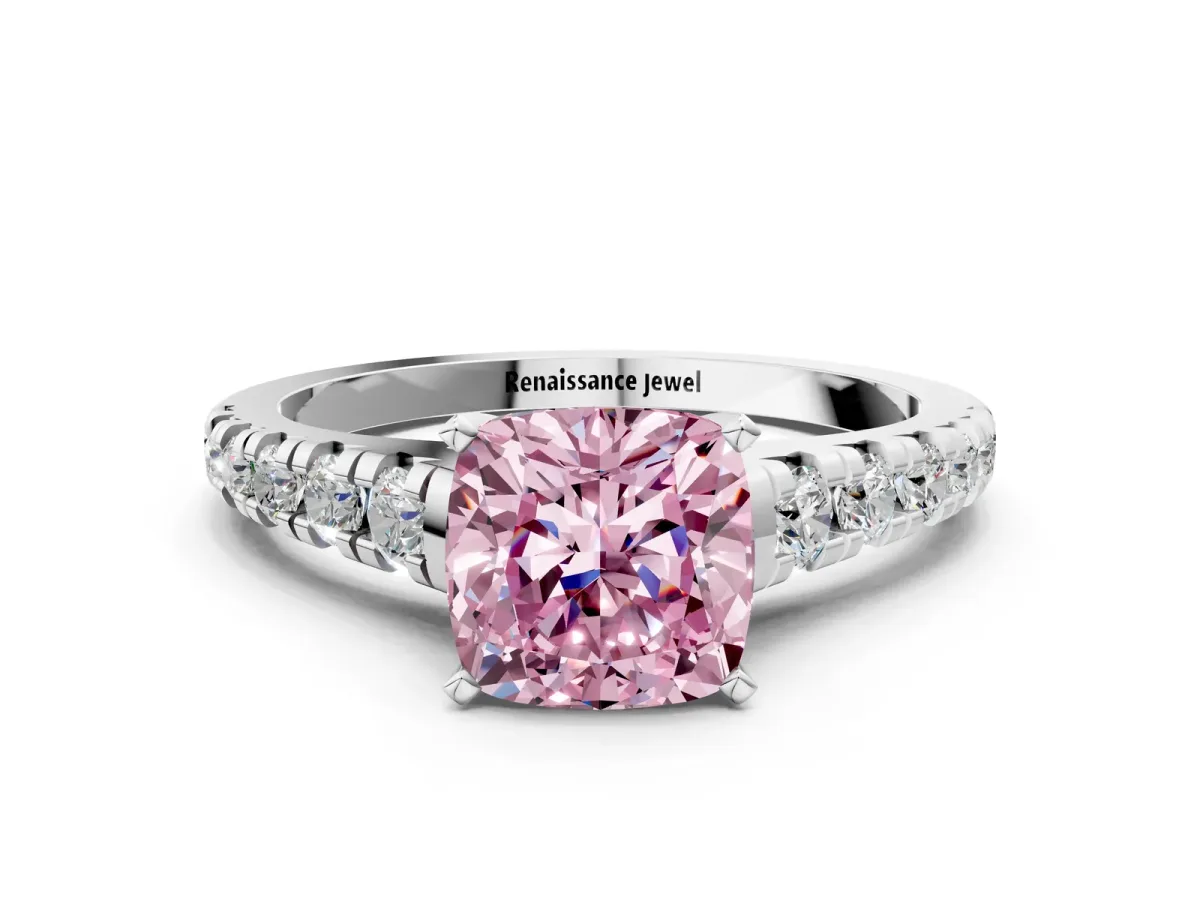 Fancy Pink Cushion Cut Diamond Cathedral Solitaire Ring with Round Pavé Band Silver