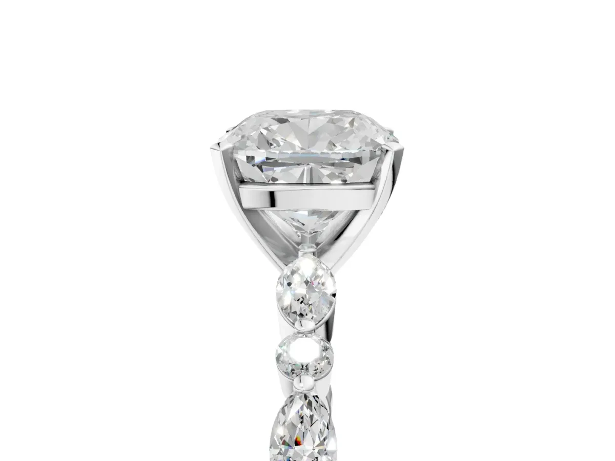 Cushion Cut Diamond Ring with Marquise and Round Moissanite Side Stones and Four-Prong Setting Silver