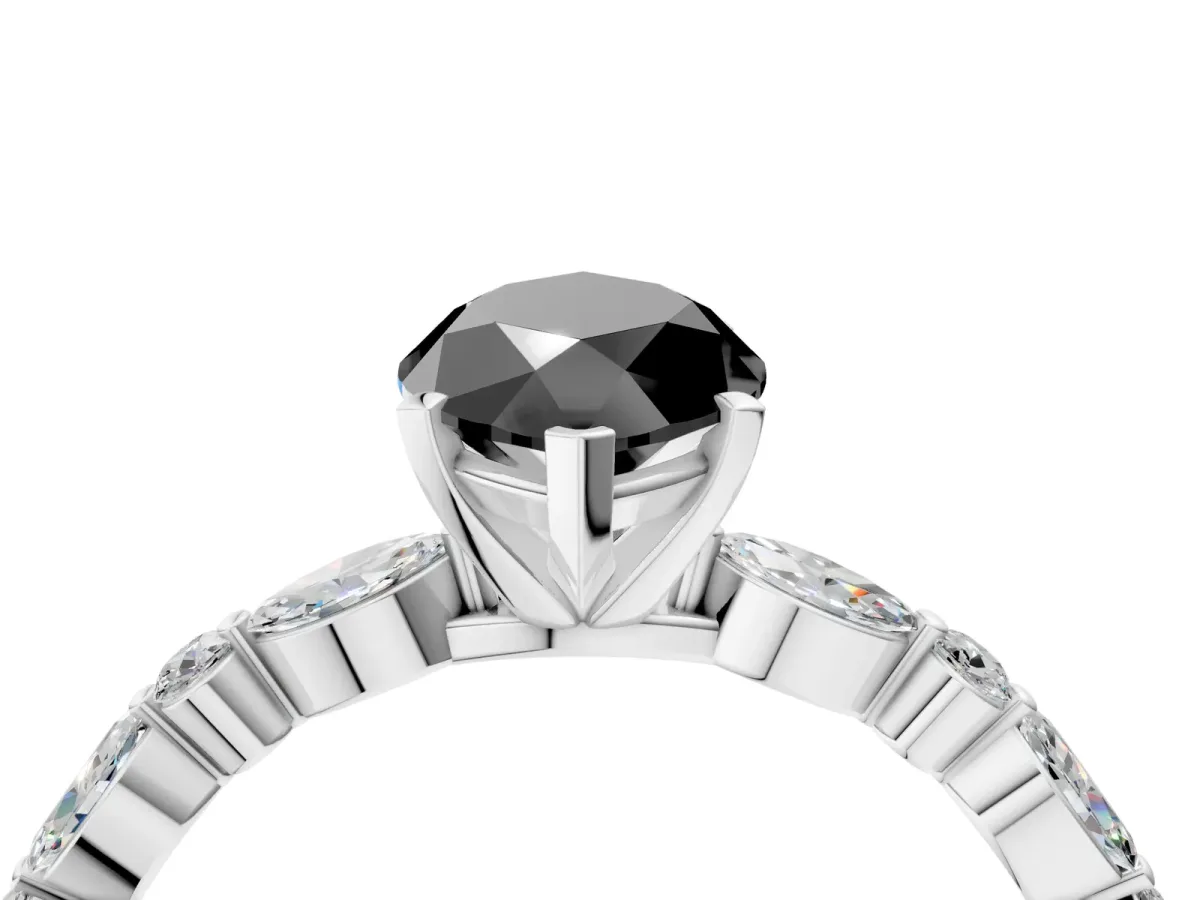 Fancy Black Marquise Cut Diamond Ring with Marquise and Round Side Stones and Four-Prong Setting Silver