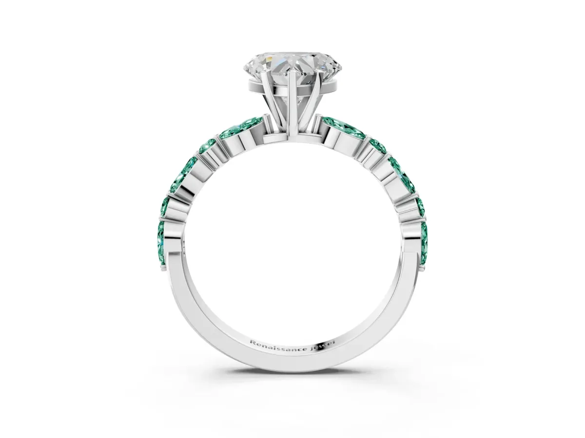 Heart Cut Diamond Ring with Marquise and Round Green Sapphire Side Stones and Four-Prong Setting Silver