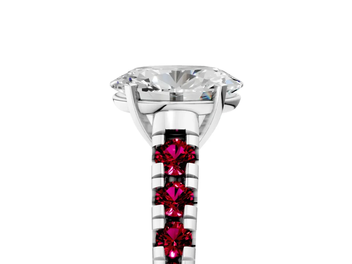 Oval Cut Diamond Cathedral Solitaire Ring with Round Garnet Pavé Band Platinum