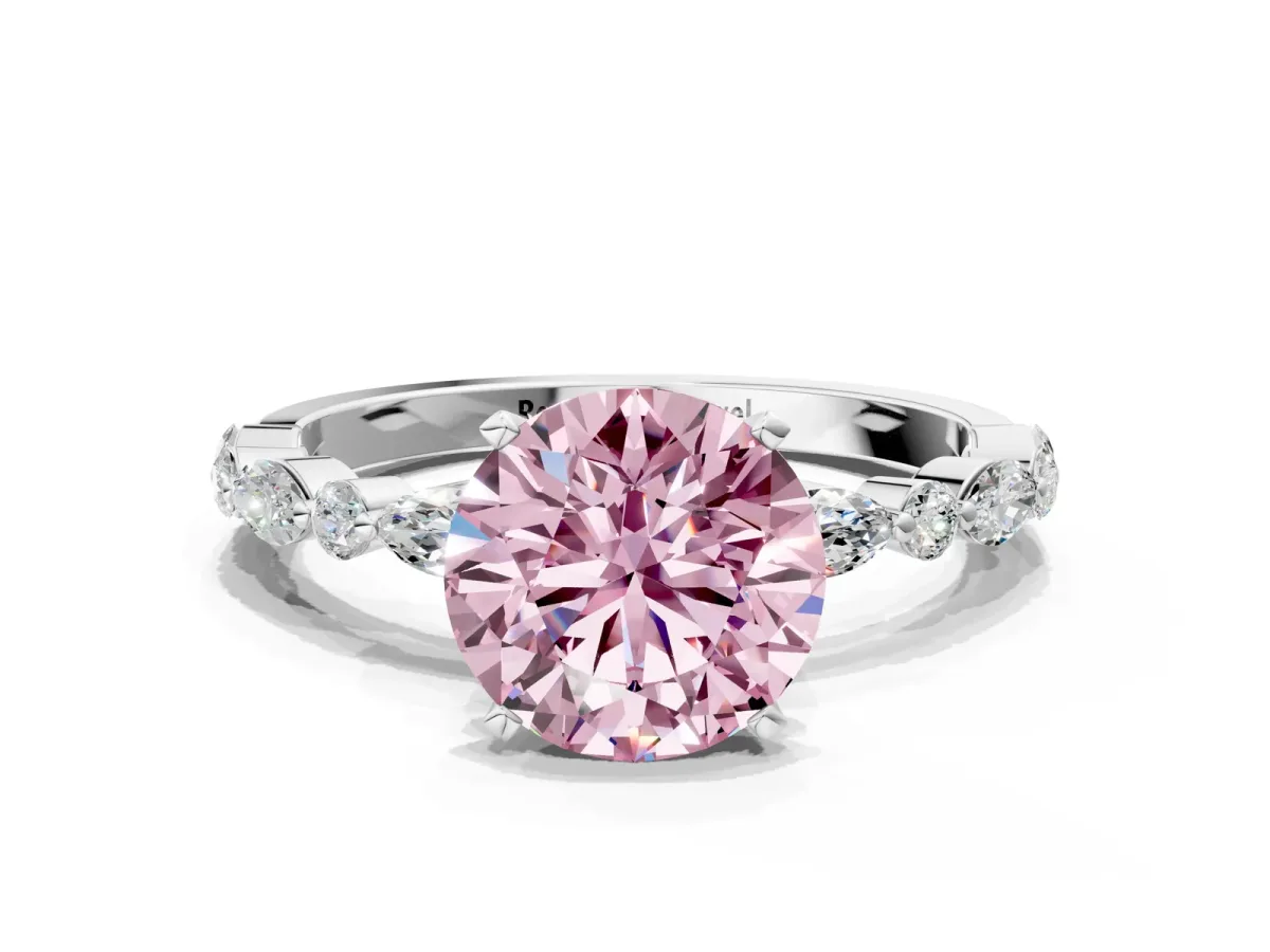 Fancy Pink Round Cut Diamond Ring with Marquise and Round Side Stones and Four-Prong Setting Platinum