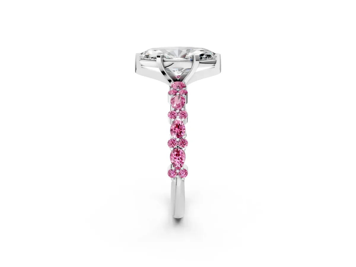 Marquise Cut Diamond Side Stone Solitaire Ring with Round Pink Sapphire and Four-Prong Setting Platinum