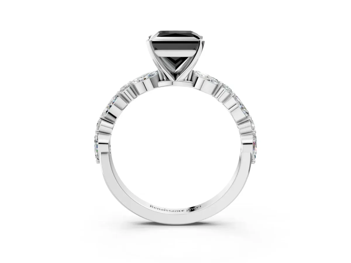 Fancy Black Princess Cut Diamond Ring with Marquise and Round Side Stones and Four-Prong Setting Silver